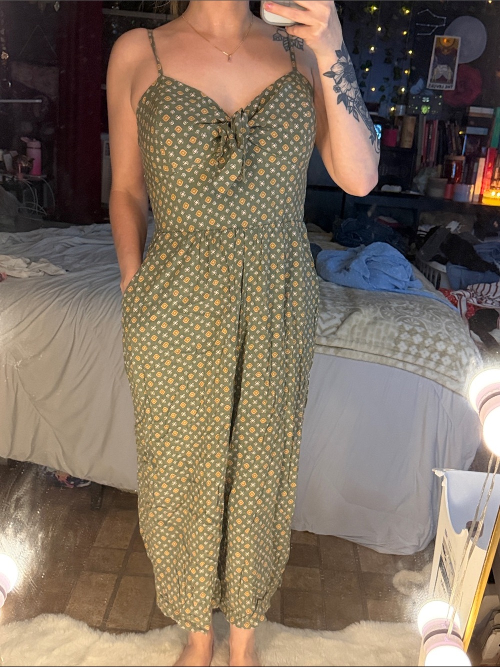 AUW Olive Green Floral Tie-Front Spaghetti Strap Jumpsuit